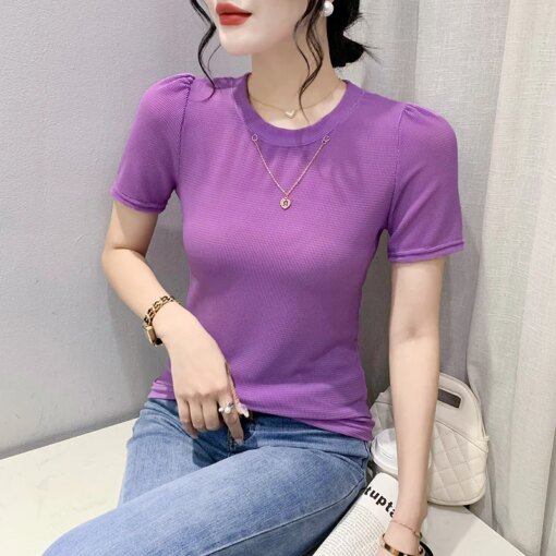 Buy 2023 New Summer Korean Clothes Solid T-Shirt Chic Sexy O-Neck Matching Chain Women Tops Short Sleeve Bottoming Shirt Tees 34127 online shopping cheap