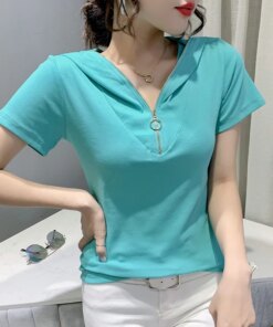 2023 New Summer Korean Style Cotton Loose T-Shirt Fashion Sexy Solid Hooded Zipper Women Short Sleeve Tops All Match Tees 32440