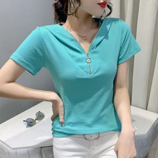 Buy 2023 New Summer Korean Style Cotton Loose T-Shirt Fashion Sexy Solid Hooded Zipper Women Short Sleeve Tops All Match Tees 32440 online shopping cheap