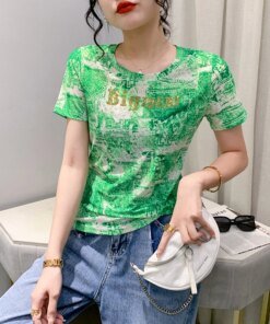 Buy 2023 New Summer Vintage Clothes T-Shirt Chic Sexy O-Neck Print Shiny Diamonds Women's Tops Short Sleeve Drilling Hot Tees 33176 online shopping cheap