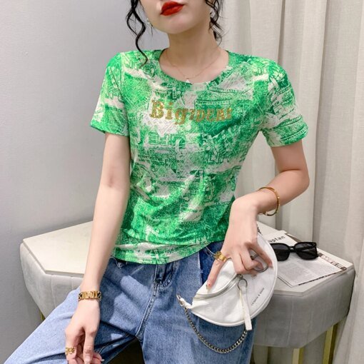 Buy 2023 New Summer Vintage Clothes T-Shirt Chic Sexy O-Neck Print Shiny Diamonds Women's Tops Short Sleeve Drilling Hot Tees 33176 online shopping cheap