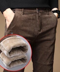 Buy 2023 New Winter Fleece Warm Corduroy Pants Men Business Fashion Slim Fit Stretch Thicken Gray Green Fluff Casual Trousers Male online shopping cheap