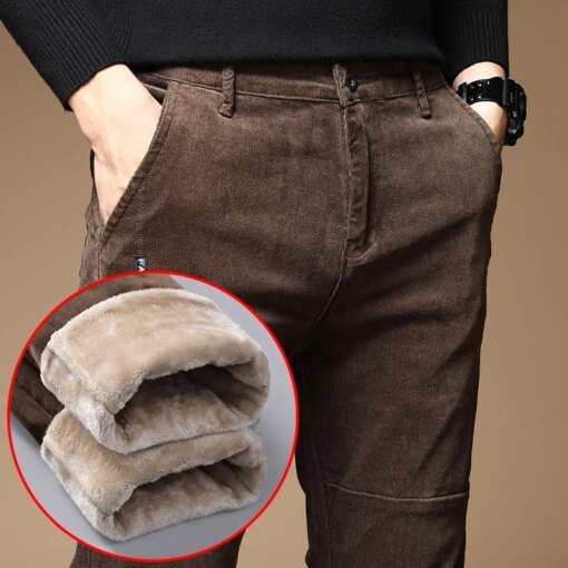 Buy 2023 New Winter Fleece Warm Corduroy Pants Men Business Fashion Slim Fit Stretch Thicken Gray Green Fluff Casual Trousers Male online shopping cheap