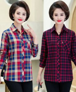 2023 New Women Autumn Korean Plaid Blouse Vintage Printing Thin Loose Shirt Elegant Casual Long Sleeve Stylish Tops T143