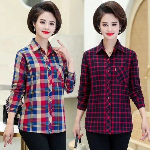 Buy 2023 New Women Autumn Korean Plaid Blouse Vintage Printing Thin Loose Shirt Elegant Casual Long Sleeve Stylish Tops T143 online shopping cheap