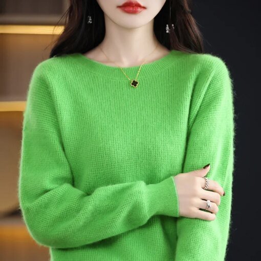 Buy 2023 New Women's Sweater 100% Pure Mink Cashmere Women's Pullover O-Neck Knitted Sweater Women's Thickened Loose Top online shopping cheap