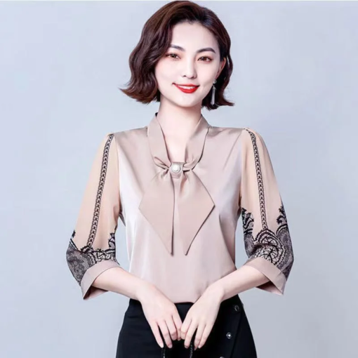 Buy 2023 Shirts Tops Korean Women Blouses Office Chiffon Shirts Elegant Bow collar 3/4 sleeve female Tops blusas online shopping cheap