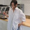 2023 Spring Autumn Women’s White Shirt Solid Vintage Loose Oversized Button Blouses Female Korean Casual Tops With Pockets
