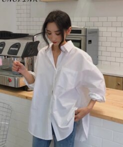 2023 Spring Autumn Women’s White Shirt Solid Vintage Loose Oversized Button Blouses Female Korean Casual Tops With Pockets