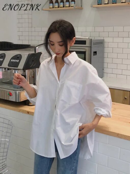 Buy 2023 Spring Autumn Women's White Shirt Solid Vintage Loose Oversized Button Blouses Female Korean Casual Tops With Pockets online shopping cheap