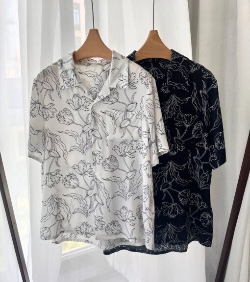 Buy 2023 Spring Summer Chic Women's High Quality 100%Silk Floral Print Short Sleeves Casual Loose Shirt Tops C233 online shopping cheap