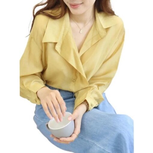 Buy 2023 Spring/Summer New Hong Kong Style Vintage Artificial Silk Tops Fashion Elegant Lyocell Shirt office lady blouse 2XL online shopping cheap