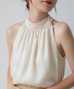 2023 Summer Apricot Backless Tops Fashion Woman Halter Off Shoulder Chiffon Blouses Office Lady Elegant Sleeveless Shirts 26865