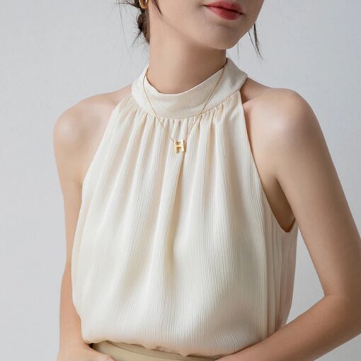 Buy 2023 Summer Apricot Backless Tops Fashion Woman Halter Off Shoulder Chiffon Blouses Office Lady Elegant Sleeveless Shirts 26865 online shopping cheap