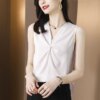 Buy 2023 Summer Elegant Chiffon Blouse for Women Fashion Sleeveless V Neck New Cross Loose Casual Office Lady Shirts Solid Top 25227 online shopping cheap