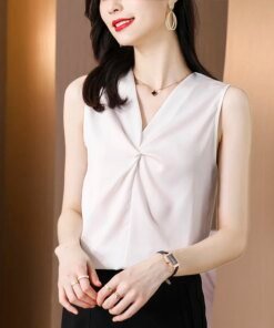 Buy 2023 Summer Elegant Chiffon Blouse for Women Fashion Sleeveless V Neck New Cross Loose Casual Office Lady Shirts Solid Top 25227 online shopping cheap