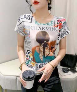Buy 2023 Summer European Clothes Cotton High Quality T-Shirt Chic Sexy O-Neck Print Letter Women Tops Short Sleeve Casual Tees 34067 online shopping cheap