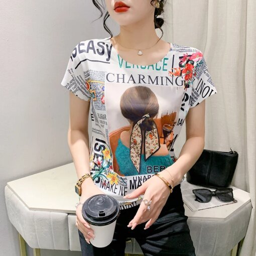 Buy 2023 Summer European Clothes Cotton High Quality T-Shirt Chic Sexy O-Neck Print Letter Women Tops Short Sleeve Casual Tees 34067 online shopping cheap