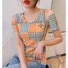 Buy 2023 Summer European Clothes T-Shirt Chic Sexy Off Shoulder Print Plaid Diamonds Women Tops Short Sleeve All Match Tees 32132 online shopping cheap