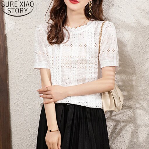 Buy 2023 Summer French Style Fashion Hollow Out Shirt Short Sleeve Cotton Shirt White Blouse Women Tops S-4XL Loose Clothes 21601 online shopping cheap