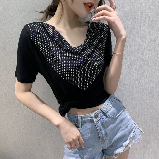 Buy 2023 Summer Korean Clothes Cotton Loose T-Shirt Chic Sexy Off Collar Shiny Diamonds Women Short Sleeve Tops Hand Made Tees 32456 online shopping cheap