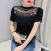 Buy 2023 Summer Korean Clothes Knitwear T-Shirt Chic Sexy Shiny Diamonds Women Tops Short Sleeve Drilling Hot Fit Elastic Tees 34028 online shopping cheap