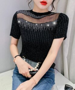 2023 Summer Korean Clothes Knitwear T-Shirt Chic Sexy Shiny Diamonds Women Tops Short Sleeve Drilling Hot Fit Elastic Tees 34028