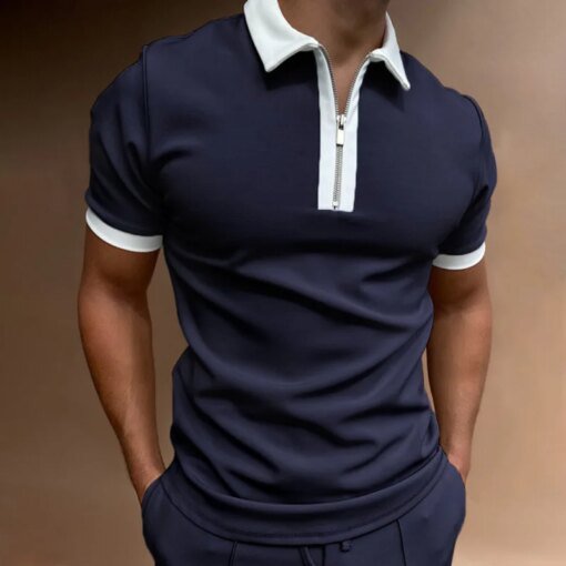 Buy 2023 Summer NEW Men's Solid Color Polo Shirt Short Sleeve Turn-Down Collar Zipper Men Casual Sports Streetwear Tops online shopping cheap
