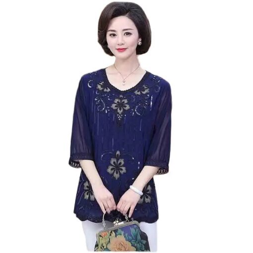 Buy 2023 Summer TemperamentLady Chiffon Round Neck Shirt New Women's Casual Loose Printed T-shirt Fashion Mid-sleeve Solid Color Top online shopping cheap