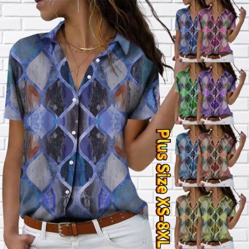 Buy 2023 V-neck Button Shirt Women's Vintage Prints Blouse Shirt Sexy Elegance Short Sleeve Summer New Design Printing Button Tops online shopping cheap