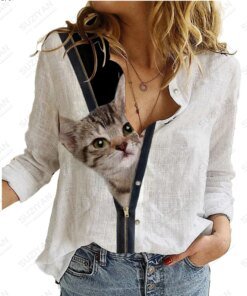 2023 Women’s Spring/Summer New Long Sleeve Shirt Cute Cat 3D Print Hot Selling Women’s Polo Button Casual Commuter Style Top