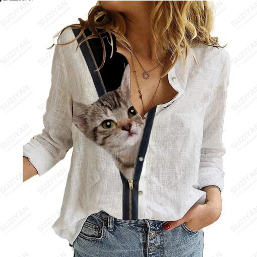 Buy 2023 Women's Spring/Summer New Long Sleeve Shirt Cute Cat 3D Print Hot Selling Women's Polo Button Casual Commuter Style Top online shopping cheap