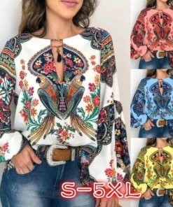 2023 spring and summer new women’s personality women’s printed round neck lantern sleeve shirt