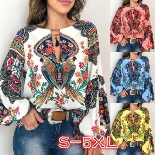 Buy 2023 spring and summer new women's personality women's printed round neck lantern sleeve shirt online shopping cheap