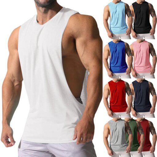 Buy 2023amazon New Men's Vest Foreign Trade Muscle Men's Sports Leisure Solid Color Men's Sleeveless Waistcoattt-shirt online shopping cheap