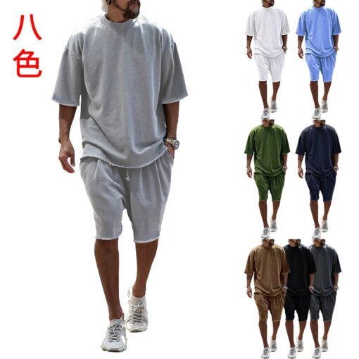 Buy 2023large Size Casual Men's Suit Loose Short Sleeve Mentsummer Shorts Solid Color Men's Clothing online shopping cheap
