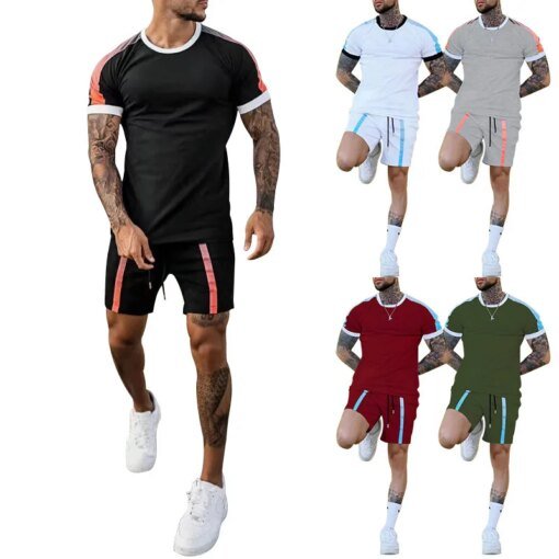 Buy 2023men's Casual Suit European And American Amazon Gradient Side Stripe Short-sleeved Shorts Two-piece Men's Summer Suit online shopping cheap