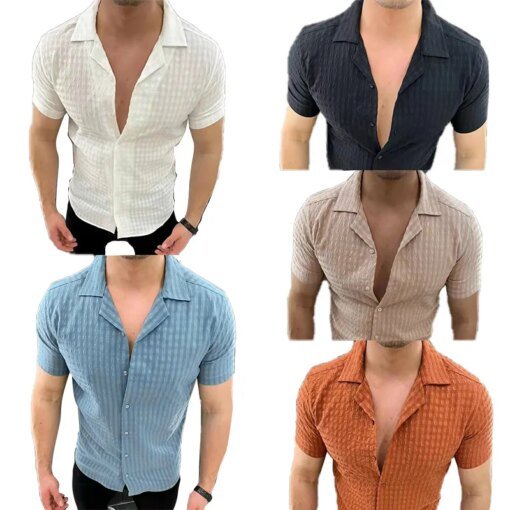 Buy 2023summer New Men's Solid Color Short Sleeve Breathable Casual Beach Lining Button Cardigan In Stock online shopping cheap