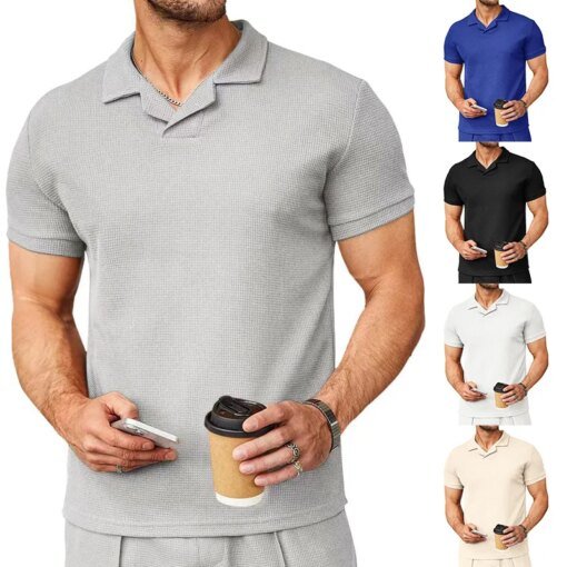 Buy 2023summer New Wafflevcollarpoloshirt Lapel Cool Short-sleeved Men's Shirt Casual Fashiontt-shirt online shopping cheap