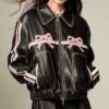 Buy 2024 new Y2K Korean Harajuku sweet cool bow retro rubbing black leather coat motorcycle spice girl fashion slim coat street wear online shopping cheap