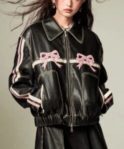 Buy 2024 new Y2K Korean Harajuku sweet cool bow retro rubbing black leather coat motorcycle spice girl fashion slim coat street wear online shopping cheap