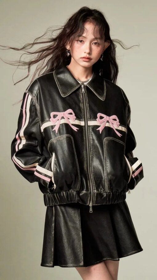 Buy 2024 new Y2K Korean Harajuku sweet cool bow retro rubbing black leather coat motorcycle spice girl fashion slim coat street wear online shopping cheap