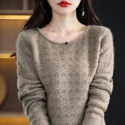 Buy 23 Autumn Winter New Mink Fleece Sweater Women's Round Neck Long Sleeve Pullover Hollow Out Loose And Comfortable Style Knitwear online shopping cheap