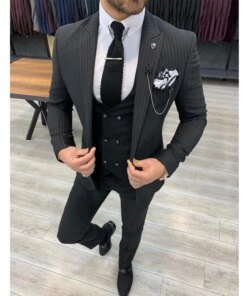 3 Piece Slim Fit Men Suits with Striped Business Jacket Formal Groom Tuxedo for Wedding Dinner Male Fashion Vest with Pants 2021