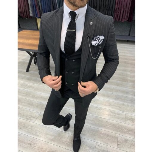 Buy 3 Piece Slim Fit Men Suits with Striped Business Jacket Formal Groom Tuxedo for Wedding Dinner Male Fashion Vest with Pants 2021 online shopping cheap