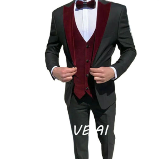 Buy 3 Piece Slim fit Men Suits Black Wedding Tuxedo Burgundy Velvet Waistcoat Male Fashion Groom Costume Prom Jacket with Pants online shopping cheap