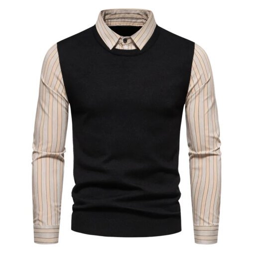 Buy 3 Styles 6 Colors!2023 Men's New Shirt Lapel Fake Two Piece Stripe High Quality Shirt Long Sleeve Casual T-shirt online shopping cheap
