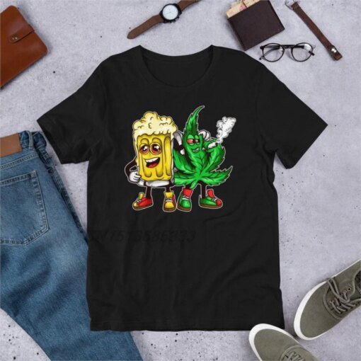 Buy 420 Pot Leaf Marijuana Bong Beer and Weed Drunk Cannabis Women T-shirts Funny Shrimp Injured Graphic Printed Tees Cotton Tops online shopping cheap