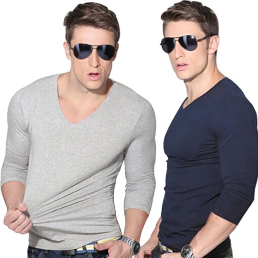 Buy A2695 Slim Fit Men's T-Shirt Long Sleeve Crew V-Neck Solid Color Casual Sports Muscle Tees Plus Size Simple Style T-shirts online shopping cheap