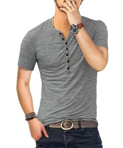 A2697 Casual Summer Tee Tops Men Henley T Shirt Short Sleeve Stylish Slim Fit T-shirt Button Up V Neck Casual Men Tshirts